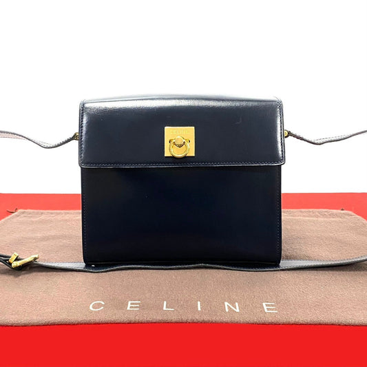 CELINE Shoulder Bag leather Navy logo ring Metal Women Used Authentic