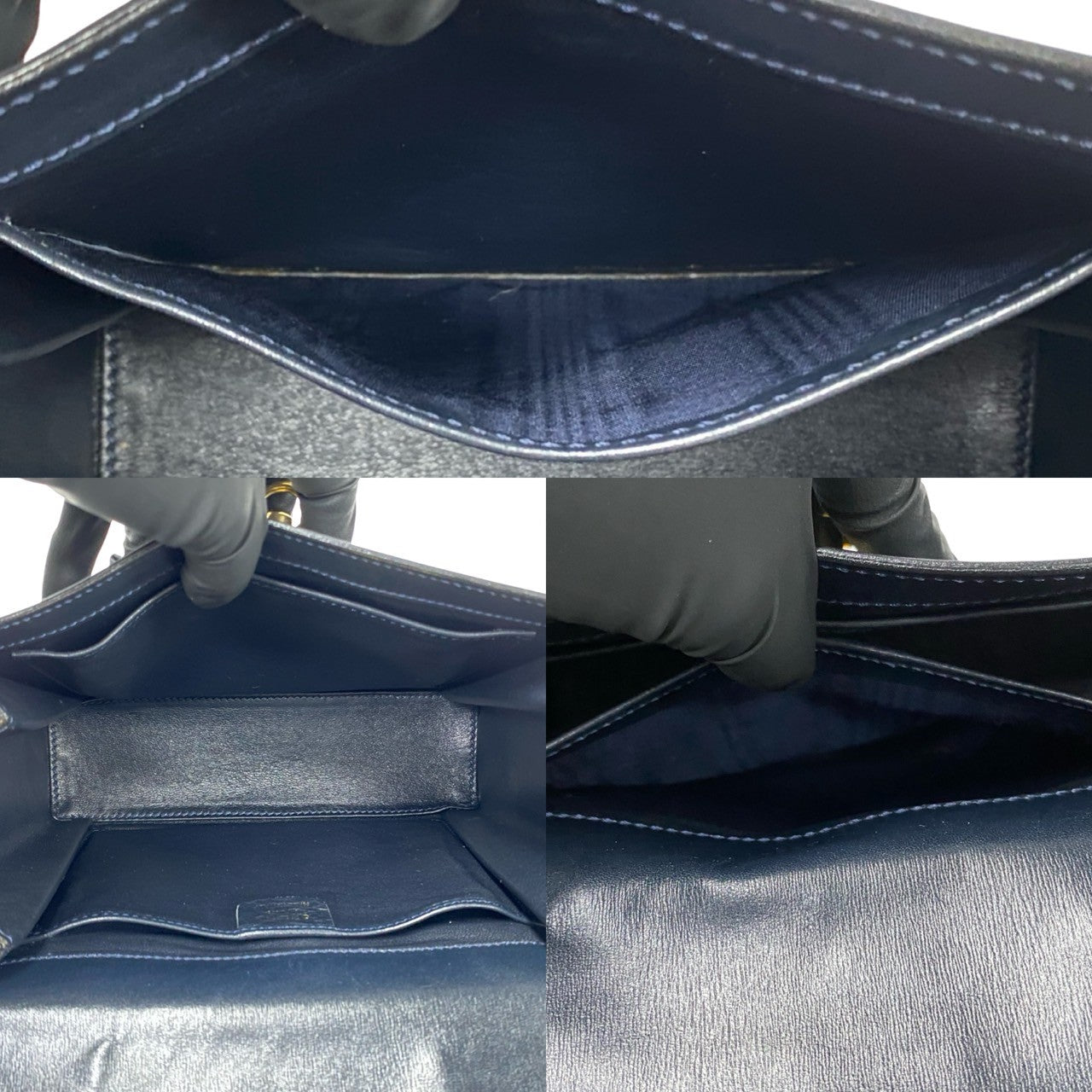 CELINE Shoulder Bag leather Navy logo ring Metal Women Used Authentic
