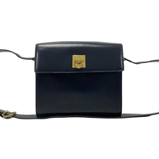 CELINE Shoulder Bag leather Navy logo ring Metal Women Used Authentic