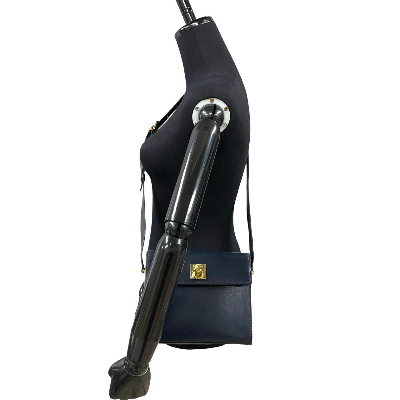 CELINE Shoulder Bag leather Navy logo ring Metal Women Used Authentic