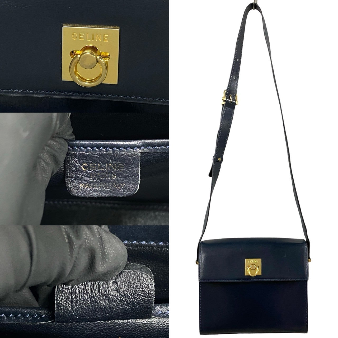 CELINE Shoulder Bag leather Navy logo ring Metal Women Used Authentic