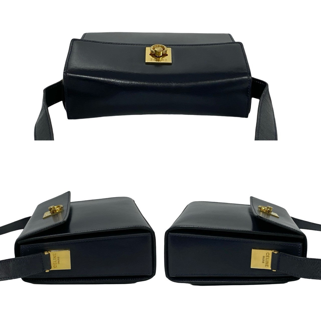 CELINE Shoulder Bag leather Navy logo ring Metal Women Used Authentic