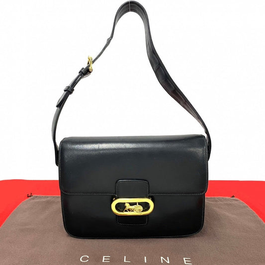 CELINE Shoulder Bag Calfskin, Leather black logo carriage Metal Women Used Authentic