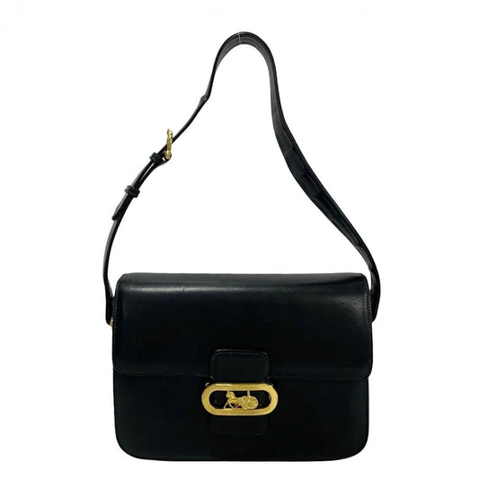 CELINE Shoulder Bag Calfskin, Leather black logo carriage Metal Women Used Authentic