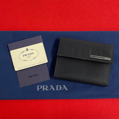 PRADA Bifold Wallet Nylon, Leather black logo Metal Women Used Authentic