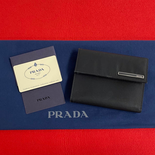 PRADA Bifold Wallet Nylon, Leather black logo Metal Women Used Authentic