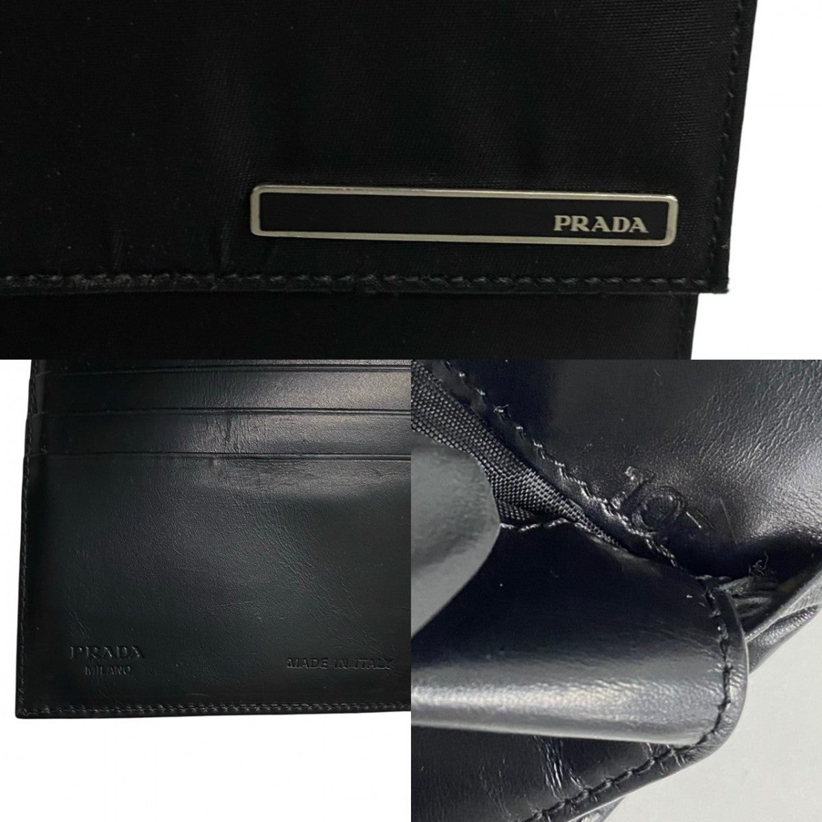 PRADA Bifold Wallet Nylon, Leather black logo Metal Women Used Authentic