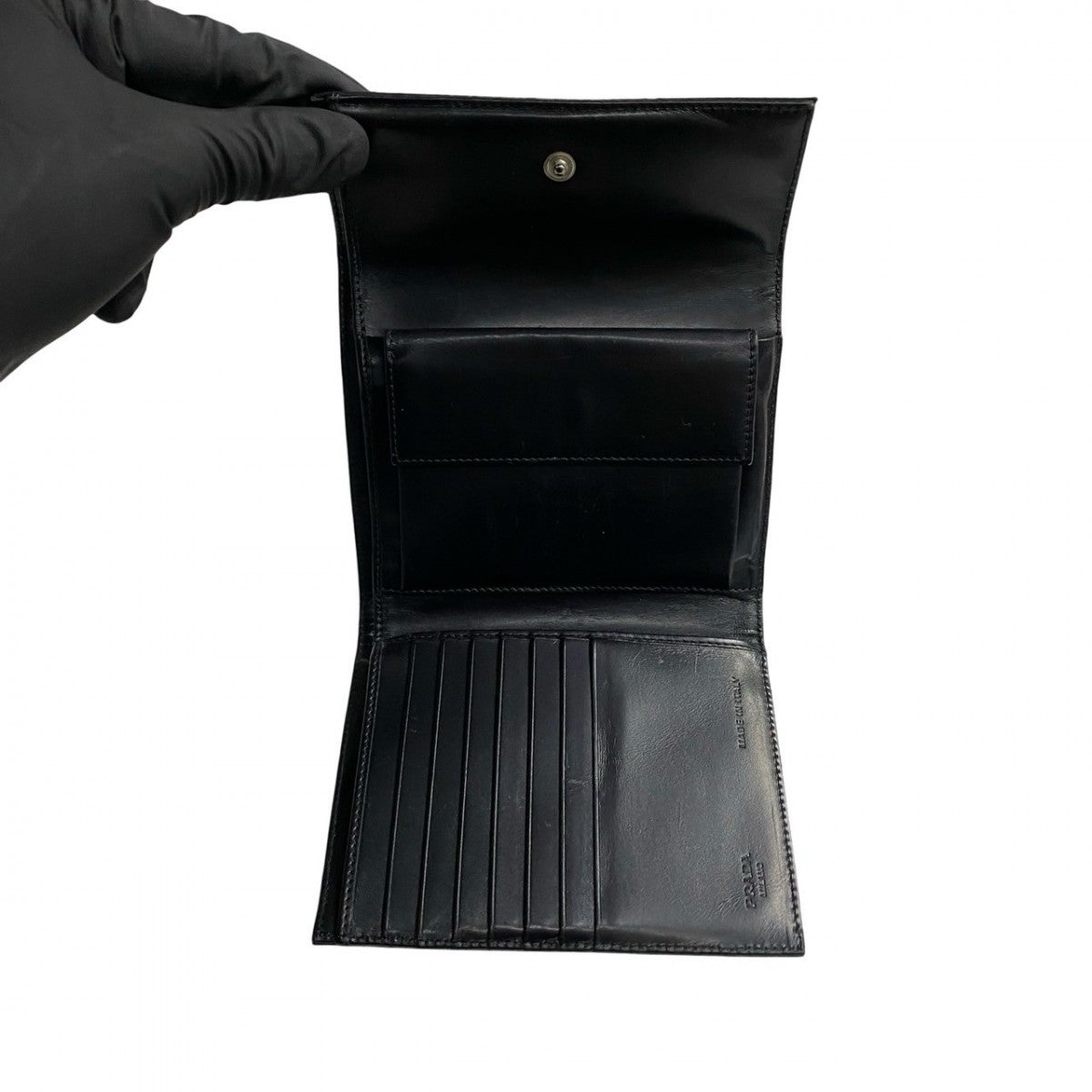 PRADA Bifold Wallet Nylon, Leather black logo Metal Women Used Authentic