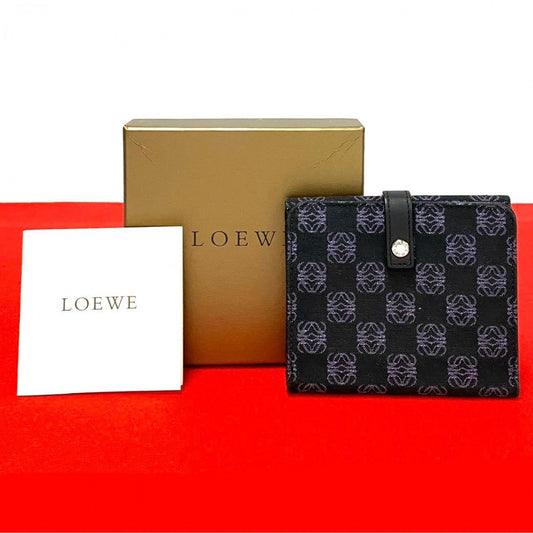 LOEWE Bifold Wallet Canvas, Leather black Anagram logo all-over pattern Women Used Authentic