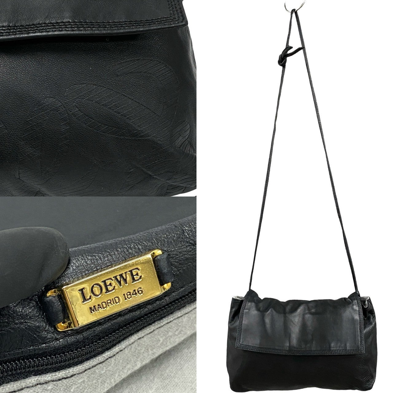 LOEWE Shoulder Bag leather black Anagram logo Women Used Authentic