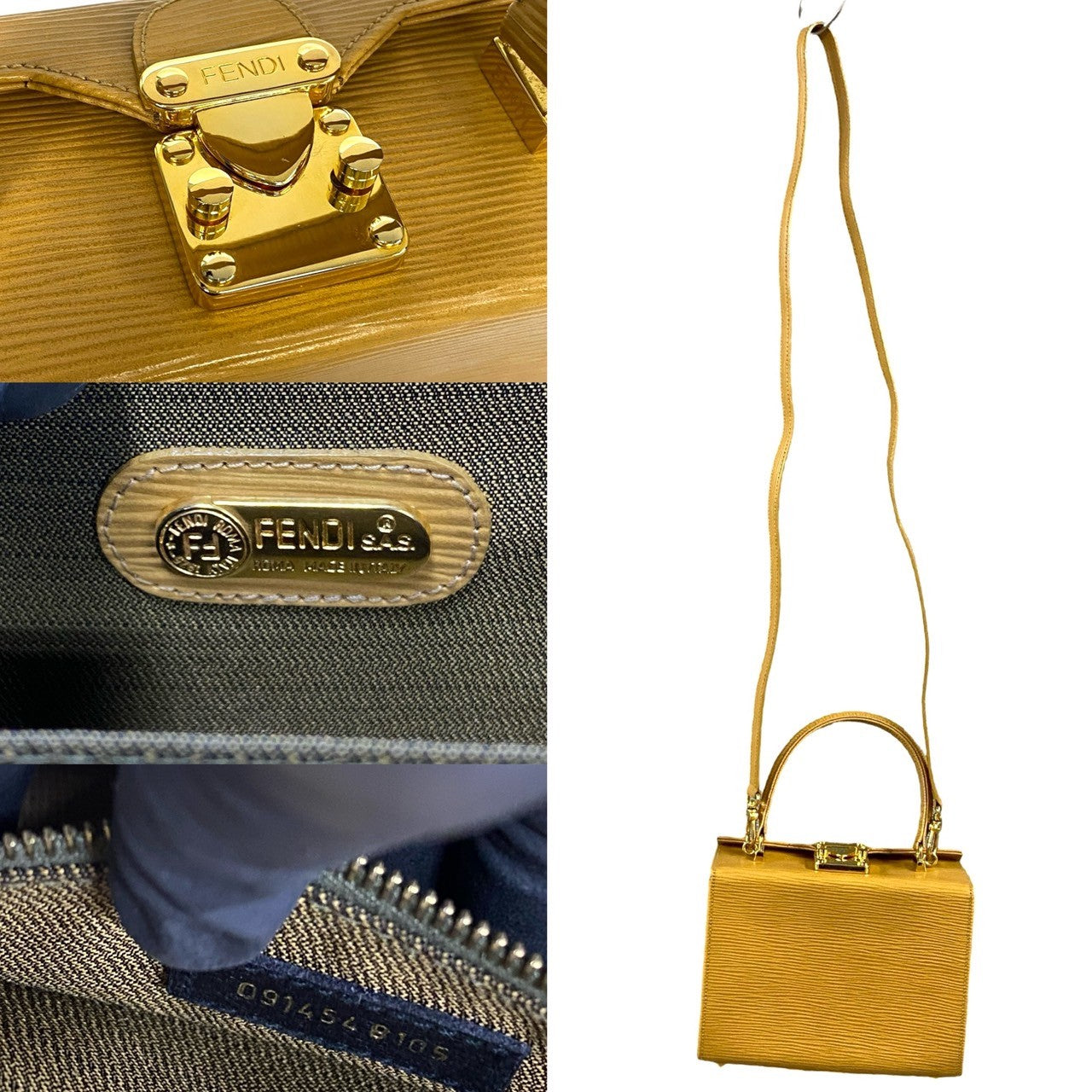 FENDI Shoulder Bag Epi Leather beige logo Metal Women Used Authentic