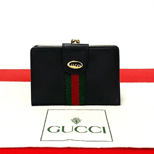 GUCCI Bifold Wallet leather black logo Metal Sherry line Women Used Authentic