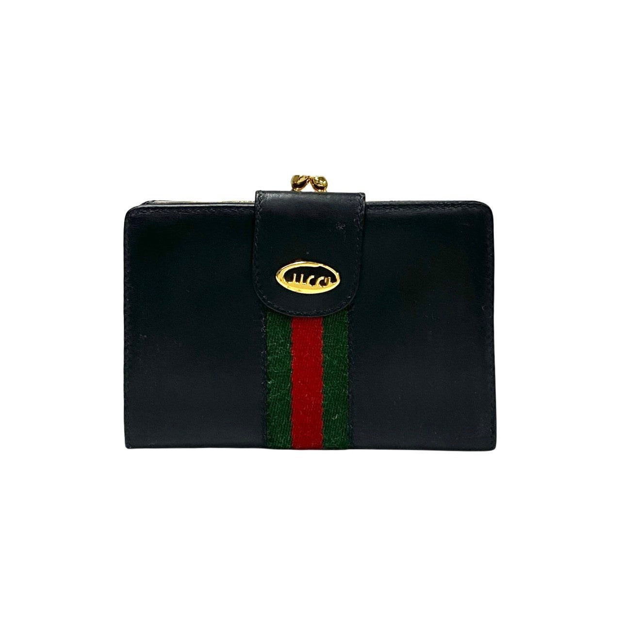 GUCCI Bifold Wallet leather black logo Metal Sherry line Women Used Authentic