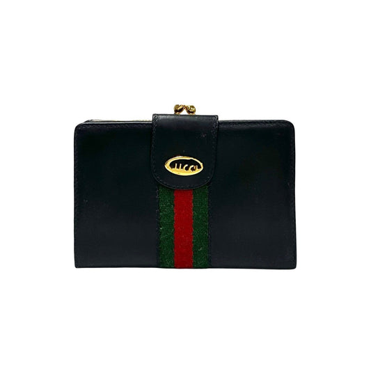 GUCCI Bifold Wallet leather black logo Metal Sherry line Women Used Authentic