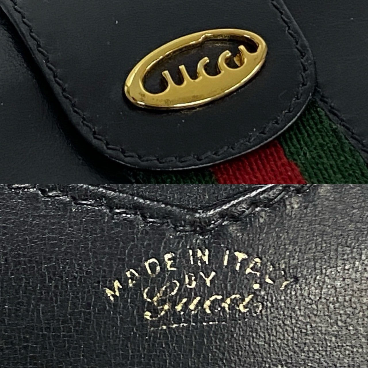 GUCCI Bifold Wallet leather black logo Metal Sherry line Women Used Authentic