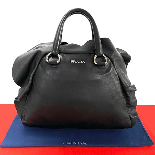 PRADA Handbag leather black logo Metal Women Used Authentic