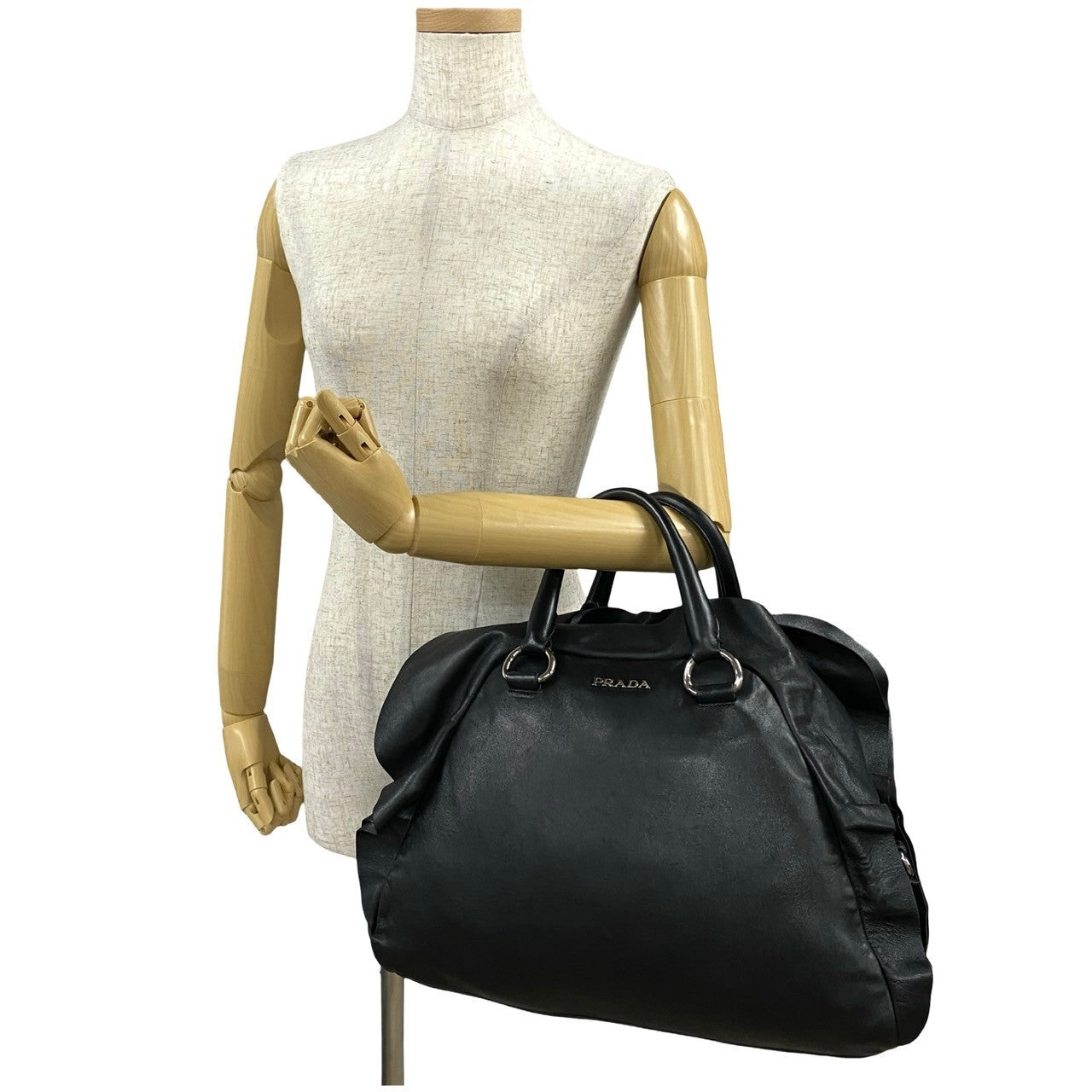 PRADA Handbag leather black logo Metal Women Used Authentic