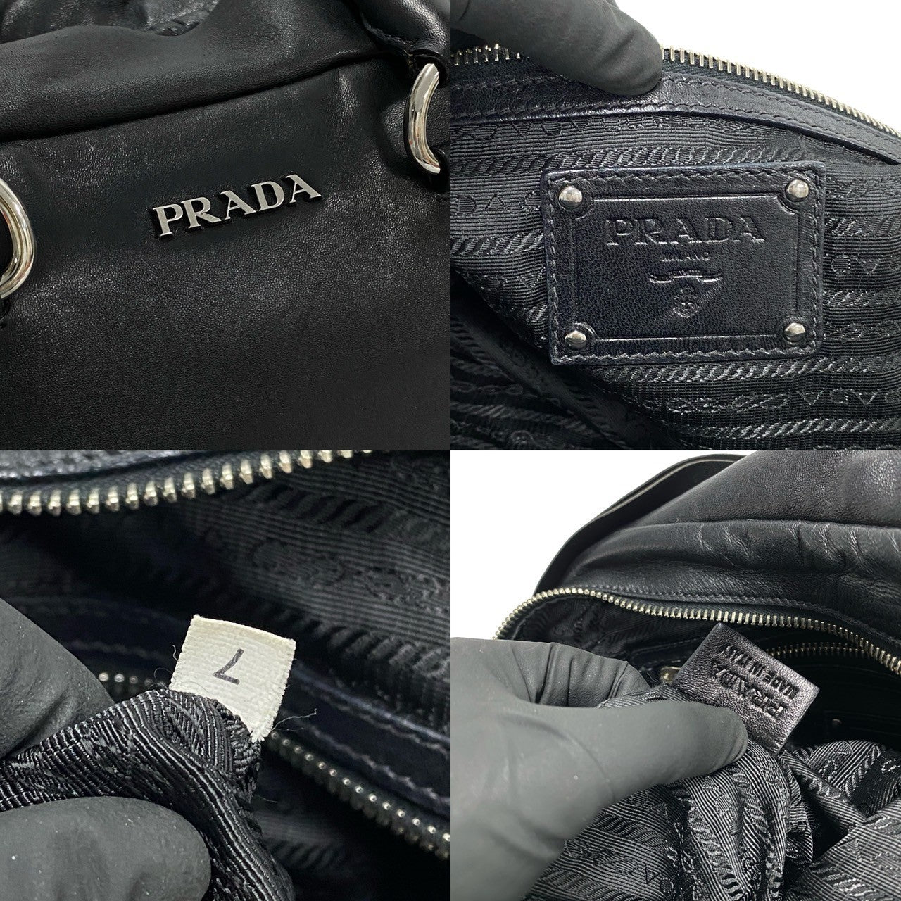 PRADA Handbag leather black logo Metal Women Used Authentic