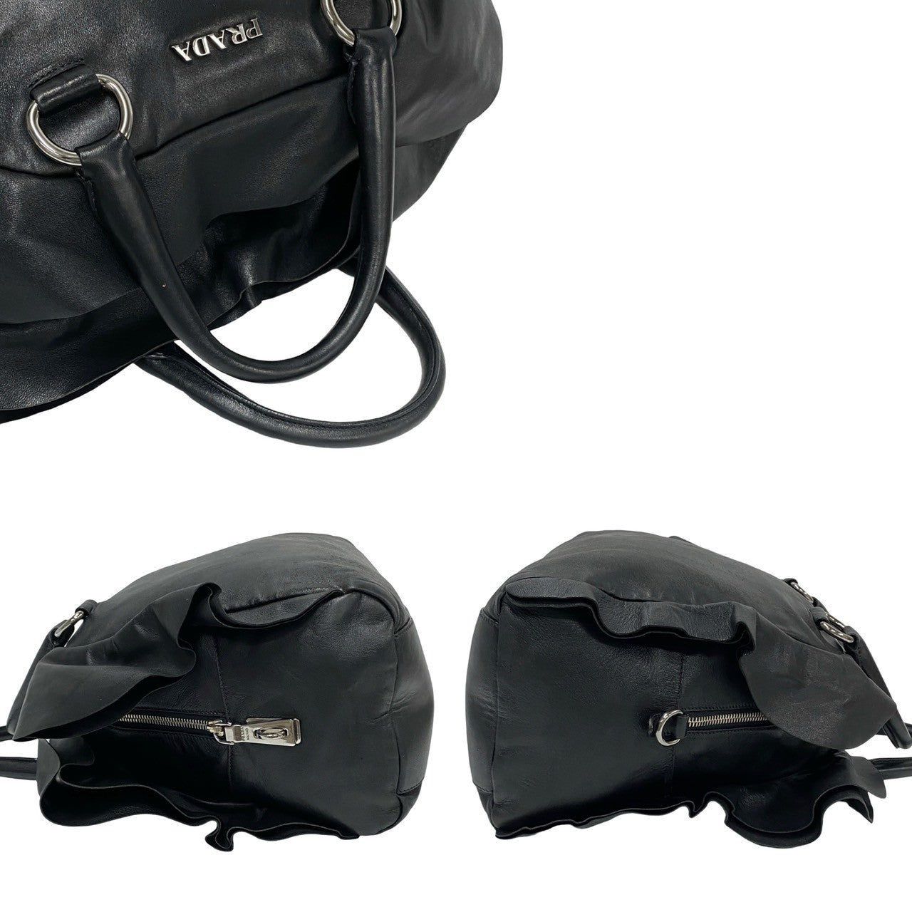 PRADA Handbag leather black logo Metal Women Used Authentic