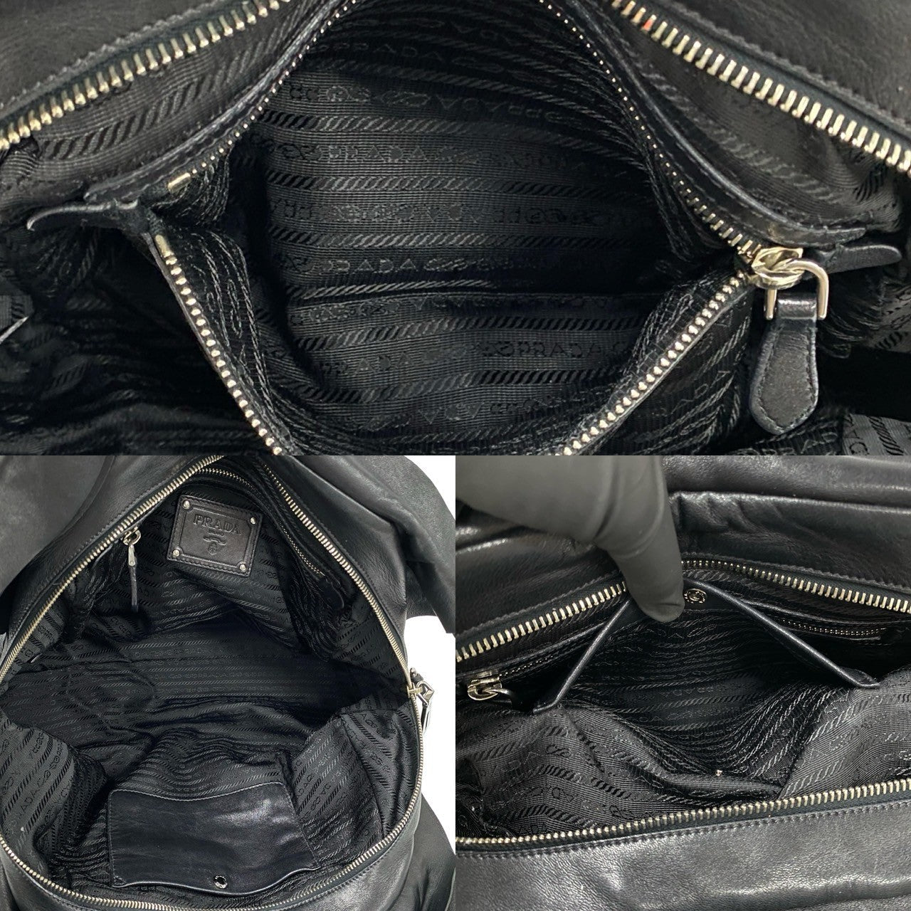 PRADA Handbag leather black logo Metal Women Used Authentic