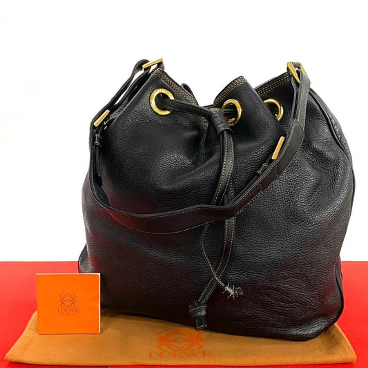 LOEWE Shoulder Bag leather black Anagram logo Women Used Authentic