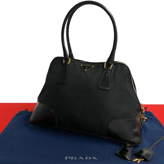 PRADA Handbag Nylon, Leather black Triangle Logo Metal Women Used Authentic