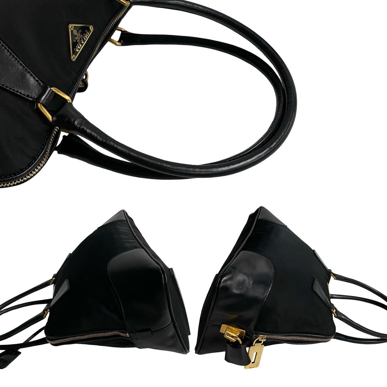 PRADA Handbag Nylon, Leather black Triangle Logo Metal Women Used Authentic
