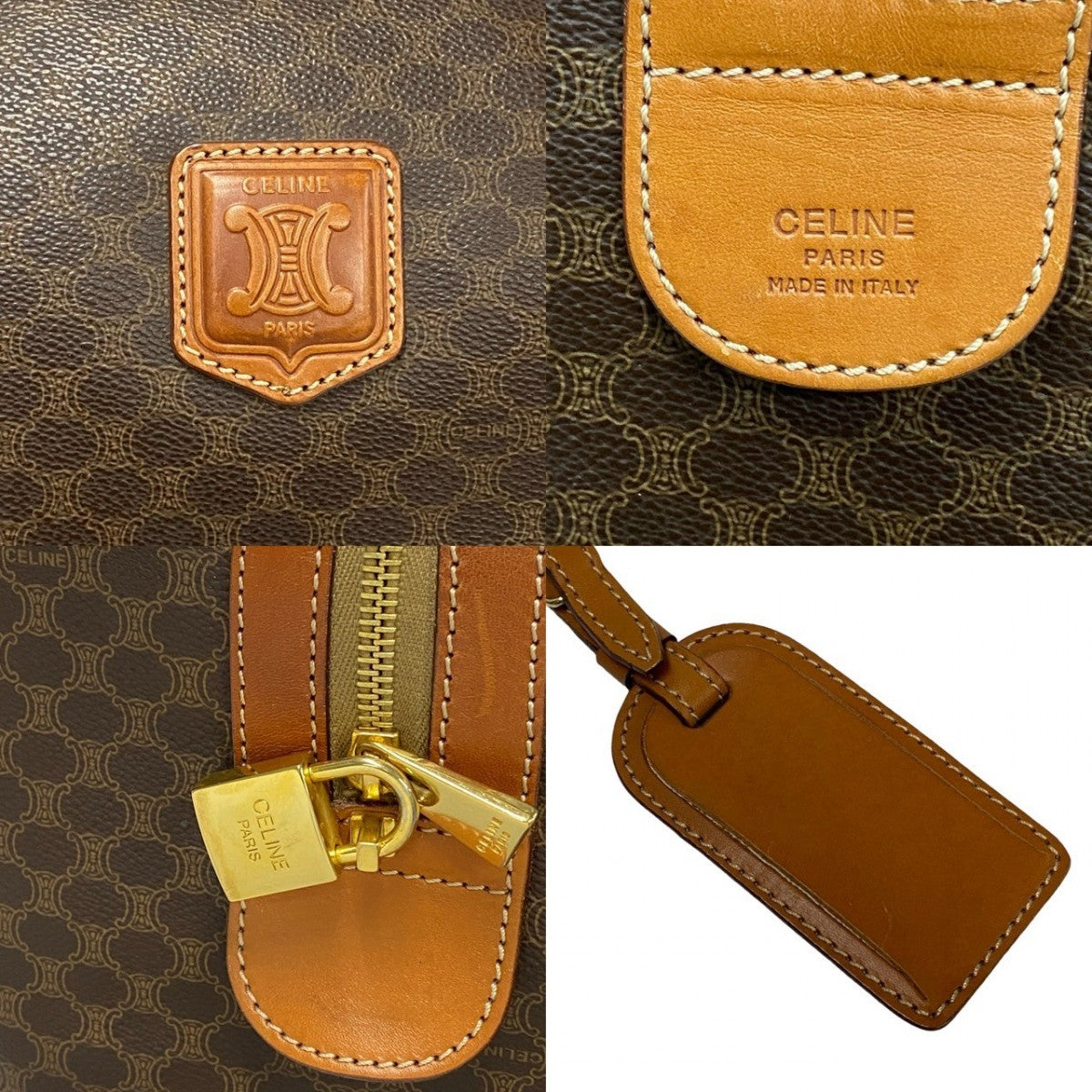 CELINE Boston Duffel bag Leather, PVC Brown Macadam Blason Pattern Women Used Authentic