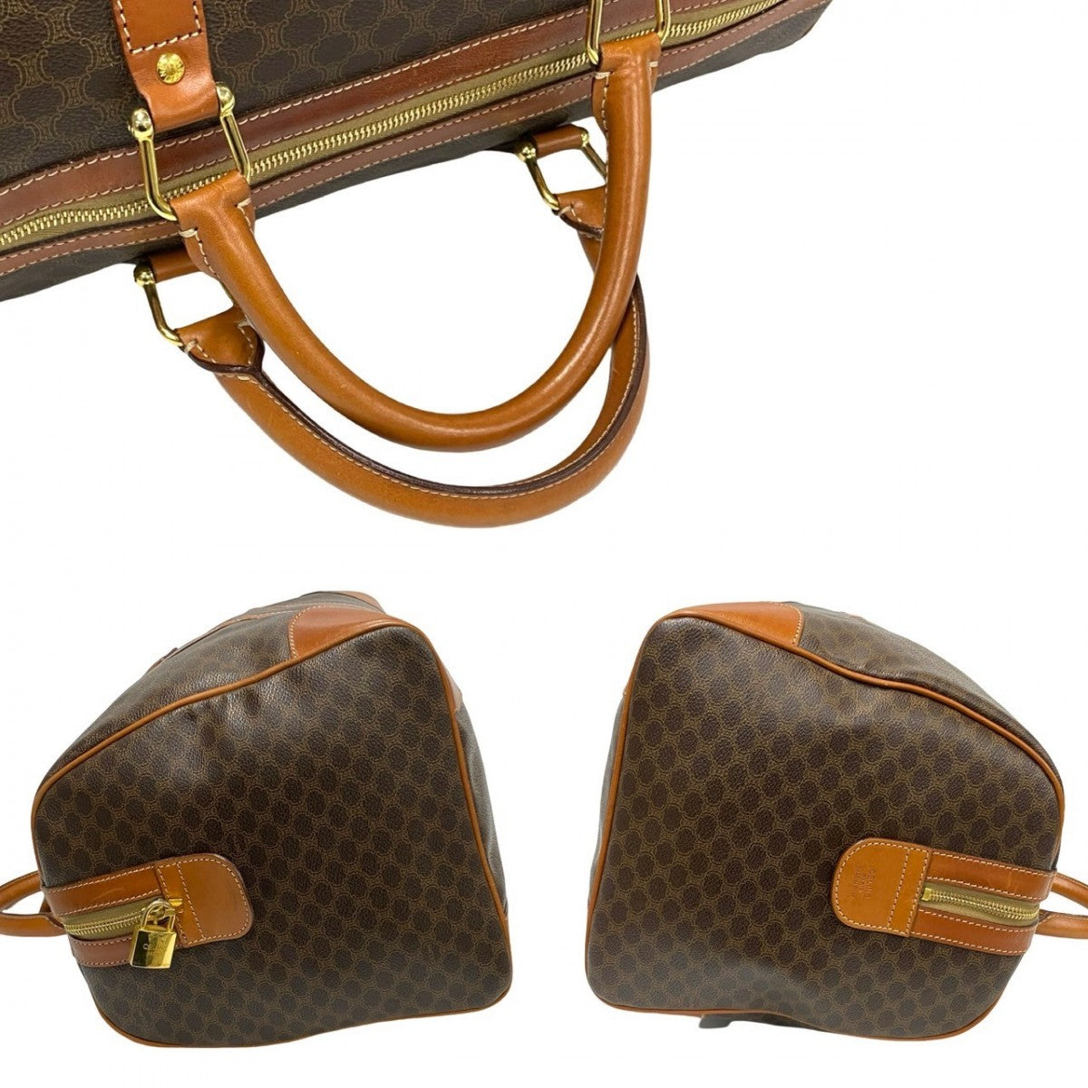 CELINE Boston Duffel bag Leather, PVC Brown Macadam Blason Pattern Women Used Authentic