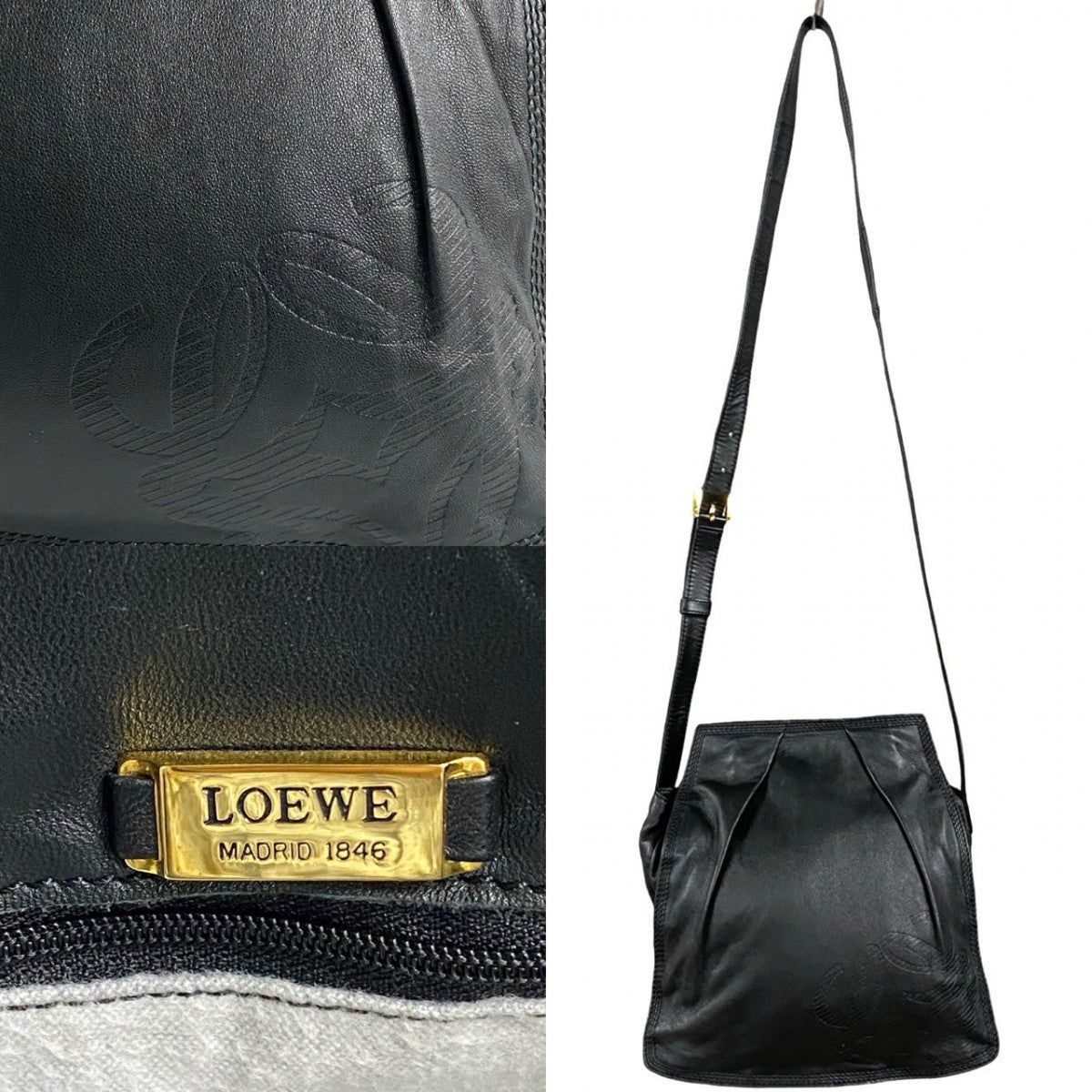 LOEWE Shoulder Bag leather black Anagram logo Women Used Authentic