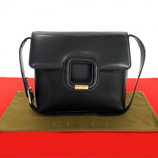 GUCCI Shoulder Bag leather Navy logo Metal Women Used Authentic