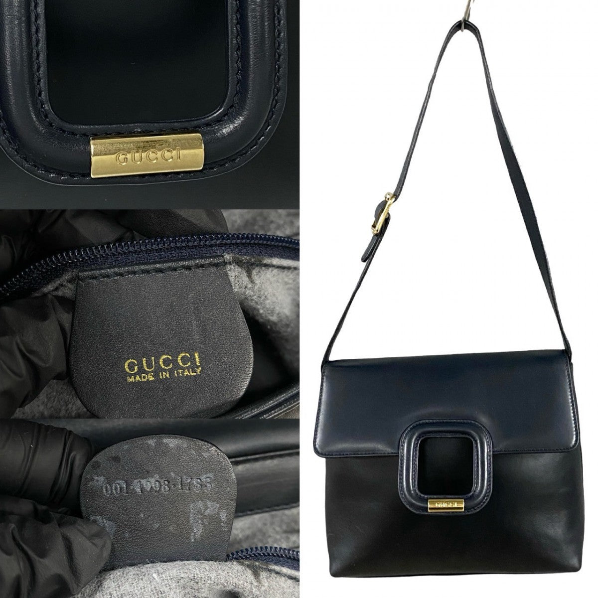 GUCCI Shoulder Bag leather Navy logo Metal Women Used Authentic