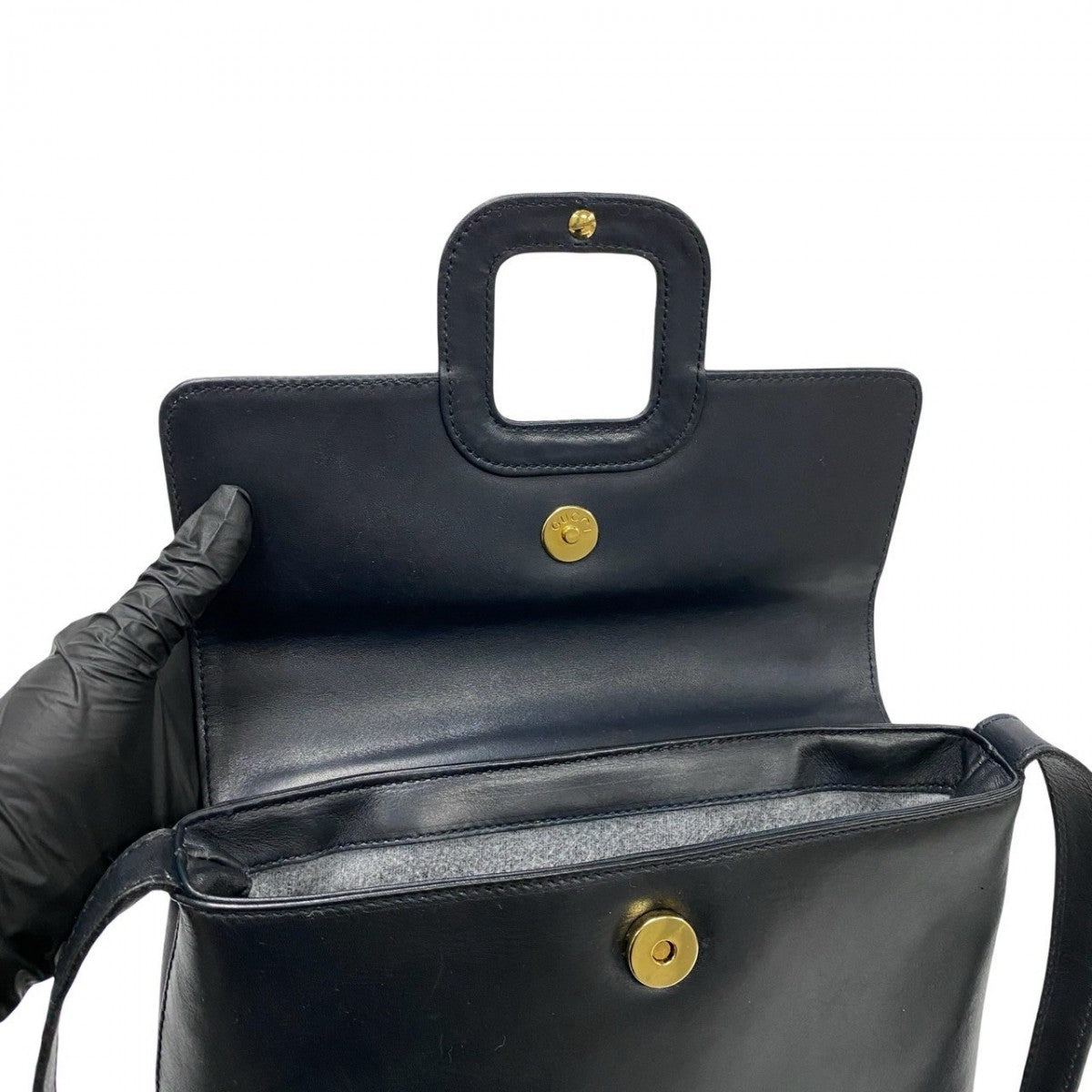 GUCCI Shoulder Bag leather Navy logo Metal Women Used Authentic