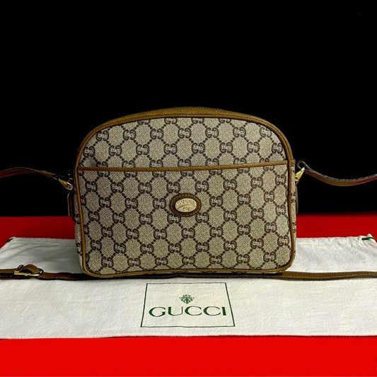 GUCCI Shoulder Bag Leather, PVC Brown Gucci Plus logo Metal Old Gucci Women Used Authentic
