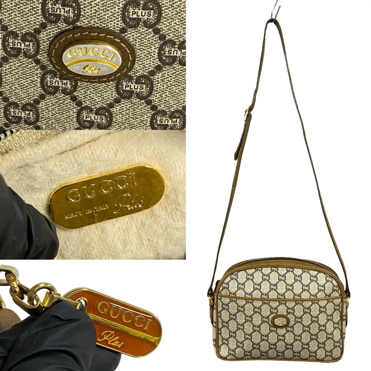 GUCCI Shoulder Bag Leather, PVC Brown Gucci Plus logo Metal Old Gucci Women Used Authentic