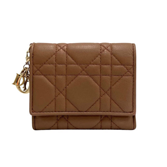 Dior Tri-fold wallet lambskin pink Lady Dior Women Used Authentic