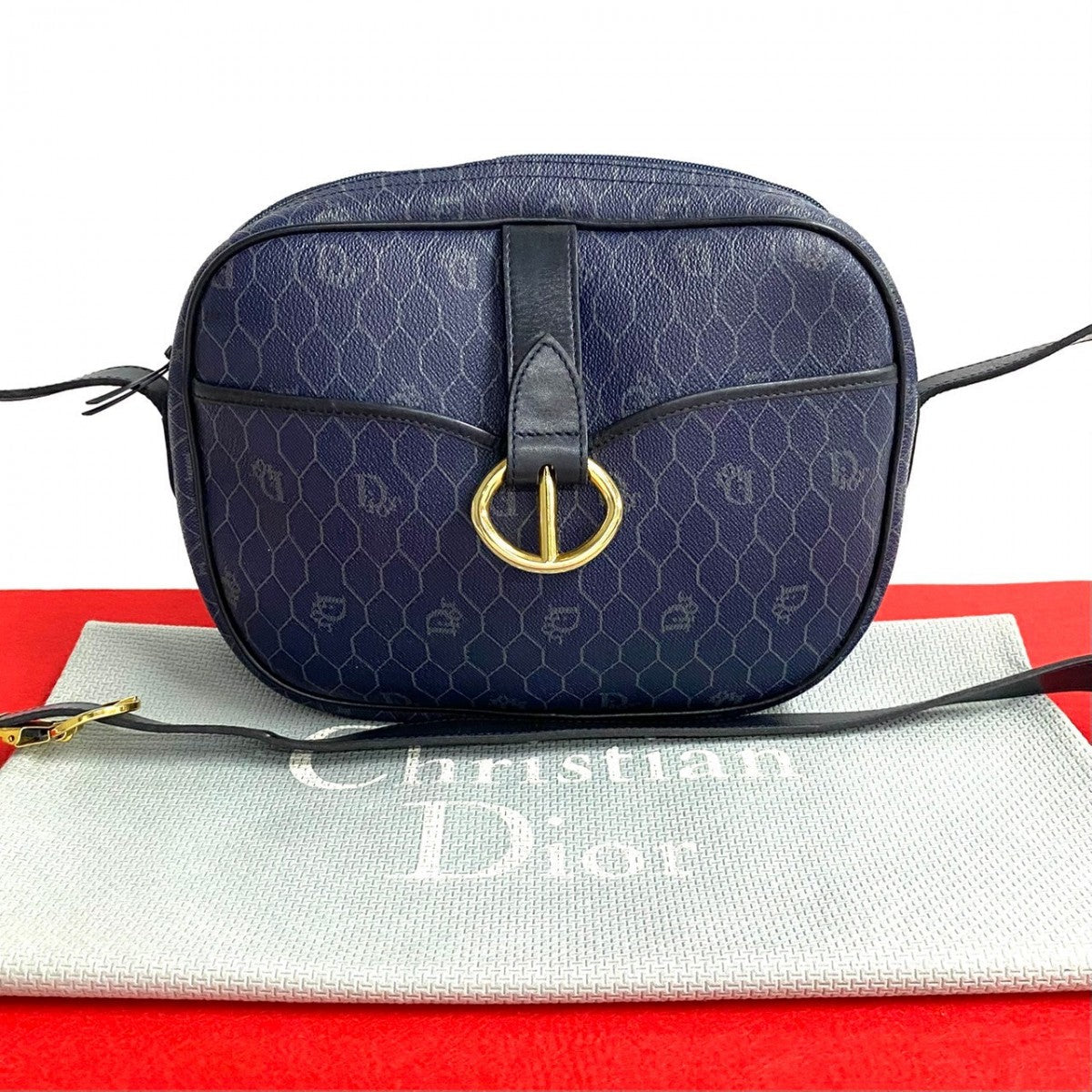 Dior Shoulder Bag Leather, PVC Navy Honeycomb Pattern Women Used Authentic