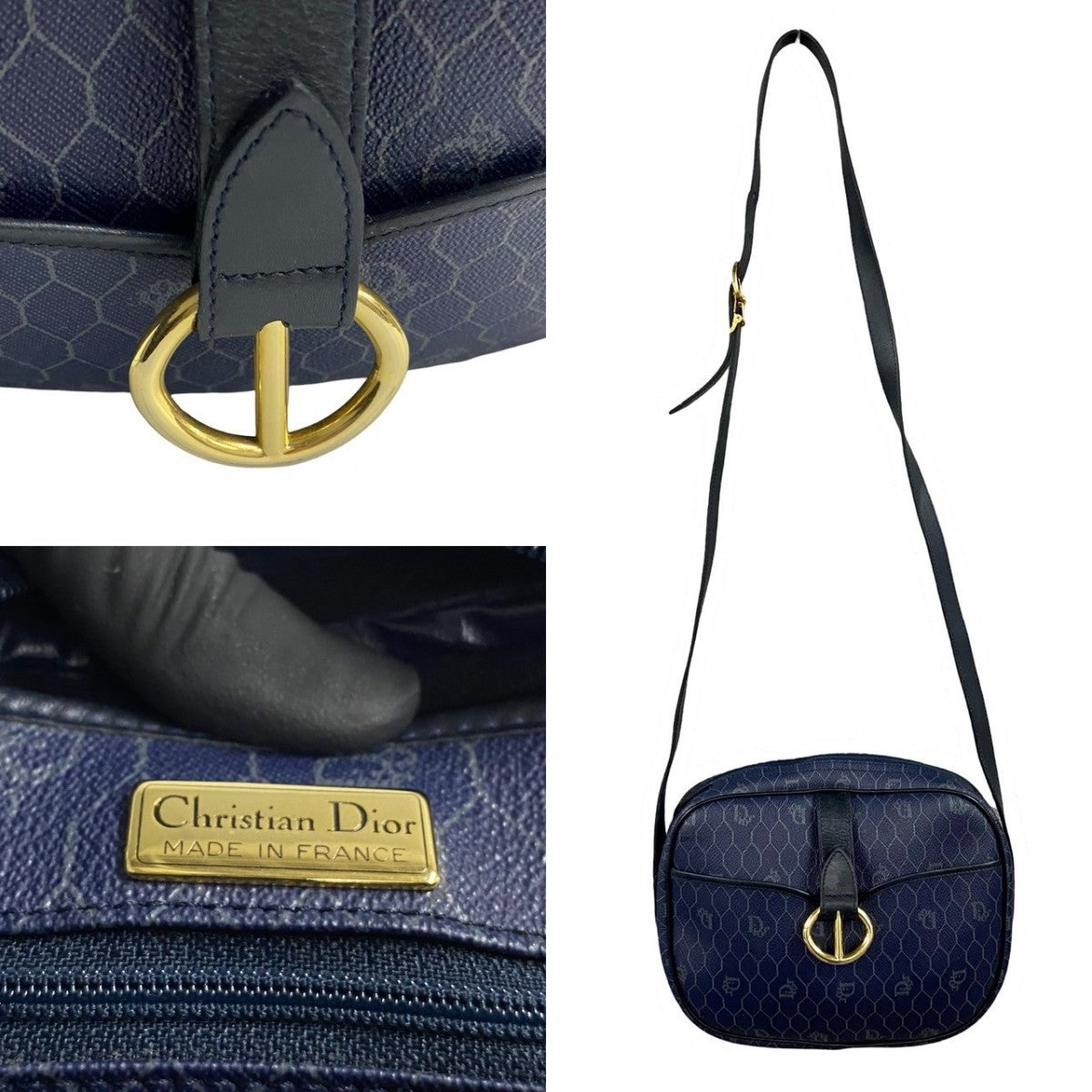 Dior Shoulder Bag Leather, PVC Navy Honeycomb Pattern Women Used Authentic