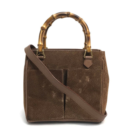 GUCCI Handbag 000123 Suede/Leather, Bamboo Brown Shoulder Bamboo handle Women Used Authentic