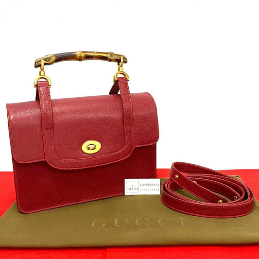 GUCCI Shoulder Bag leather Red Bamboo Old Gucci Women Used Authentic