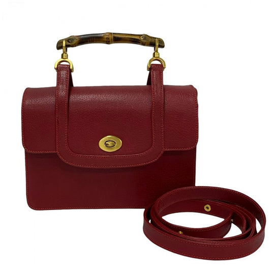 GUCCI Shoulder Bag leather Red Bamboo Old Gucci Women Used Authentic