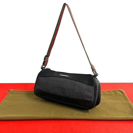 GUCCI Shoulder Bag Leather, Denim black logo Metal Sherry line Women Used Authentic