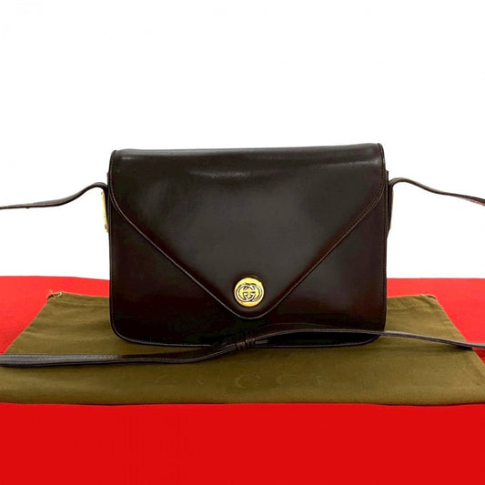 GUCCI Shoulder Bag leather Brown GG logo Metal Women Used Authentic