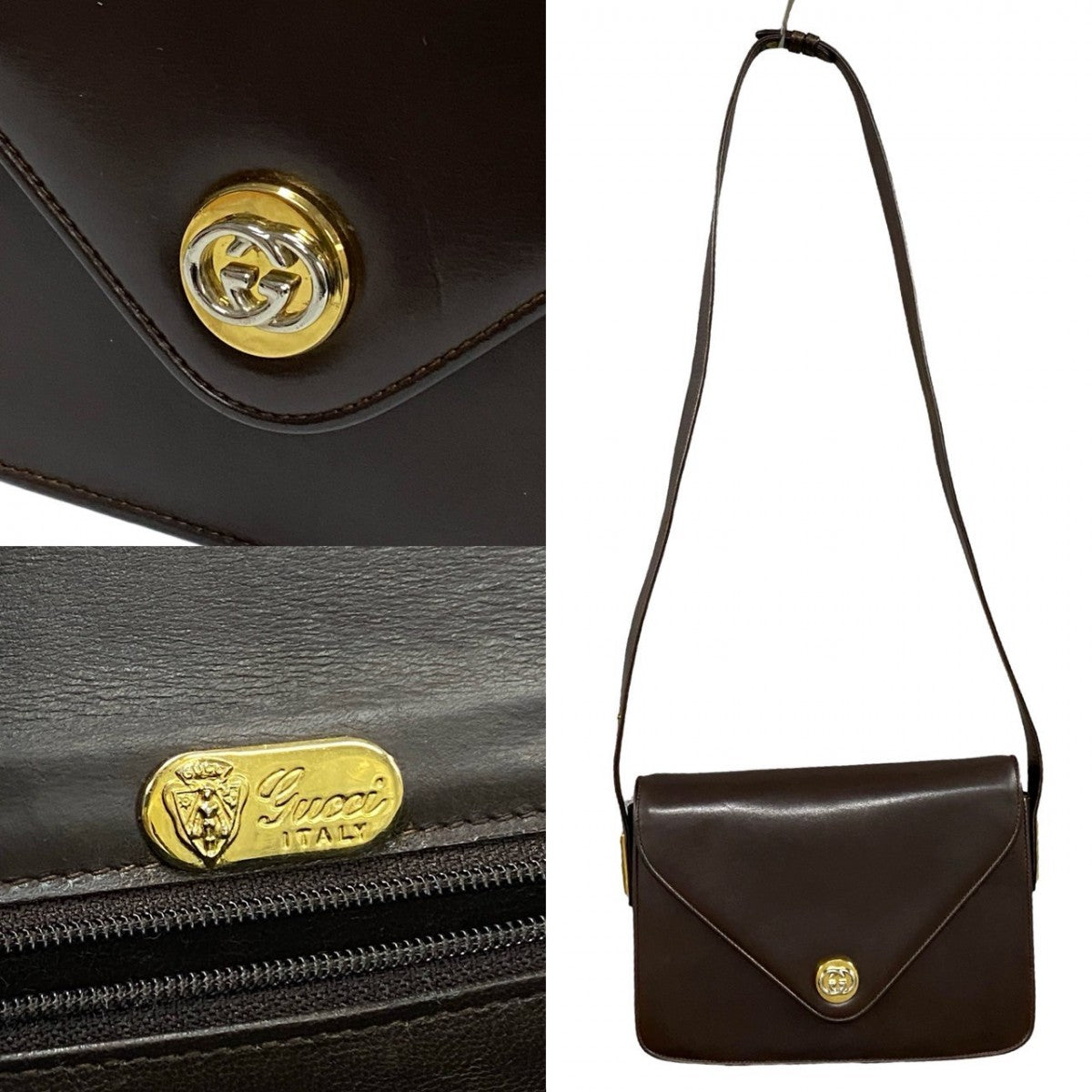 GUCCI Shoulder Bag leather Brown GG logo Metal Women Used Authentic