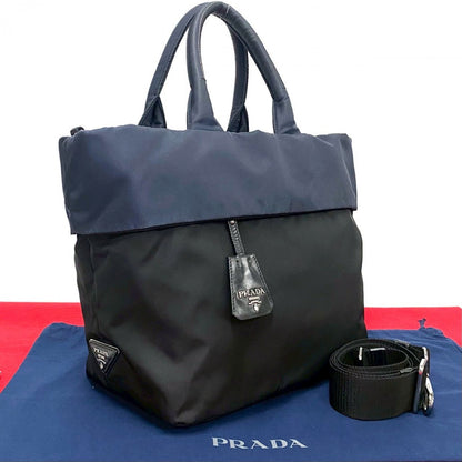 PRADA Shoulder Bag Nylon Navy Triangle Logo Metal Reversible Women Used Authentic
