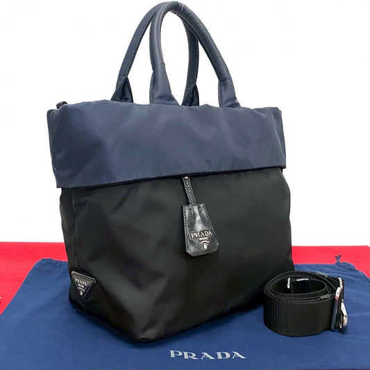 PRADA Shoulder Bag Nylon Navy Triangle Logo Metal Reversible Women Used Authentic