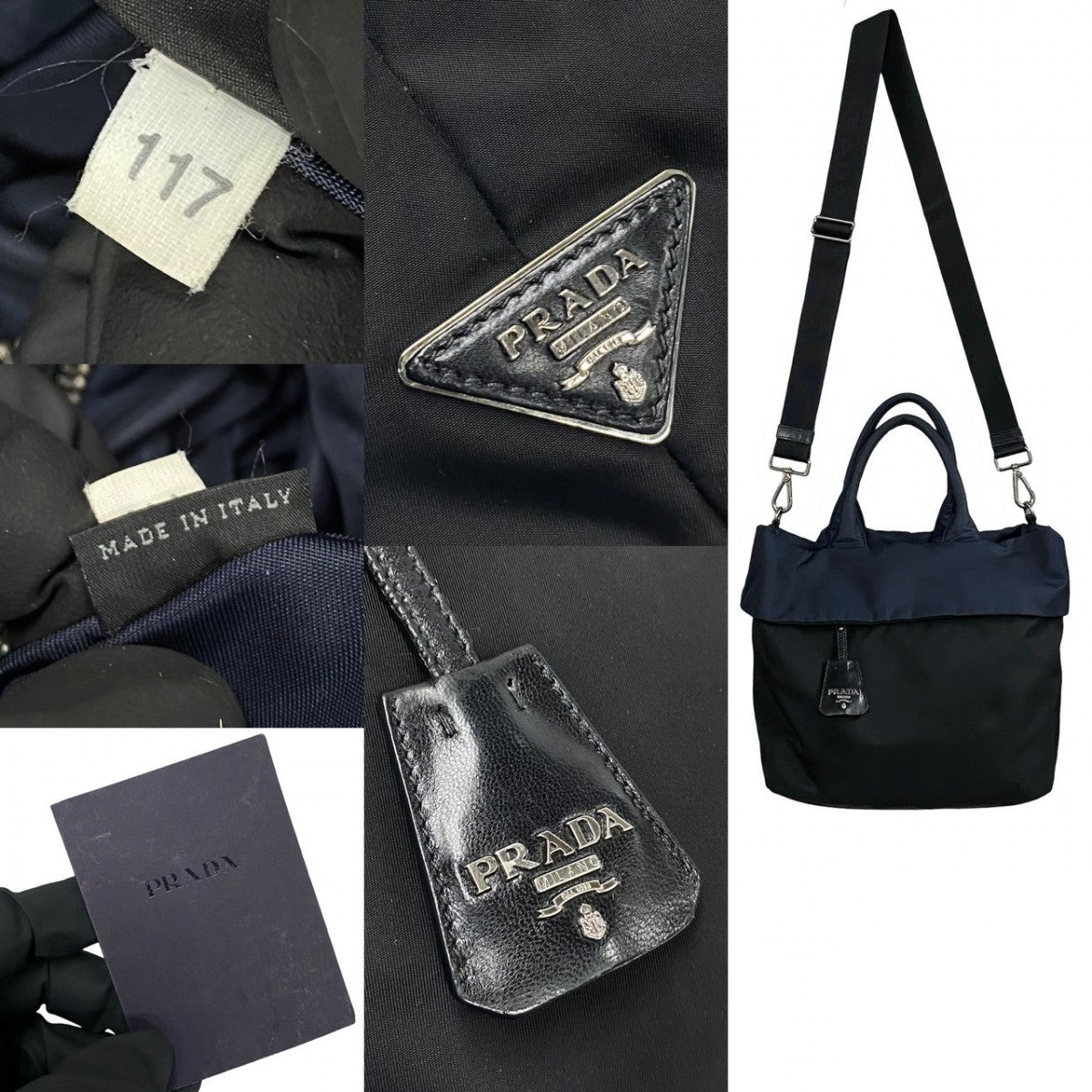 PRADA Shoulder Bag Nylon Navy Triangle Logo Metal Reversible Women Used Authentic