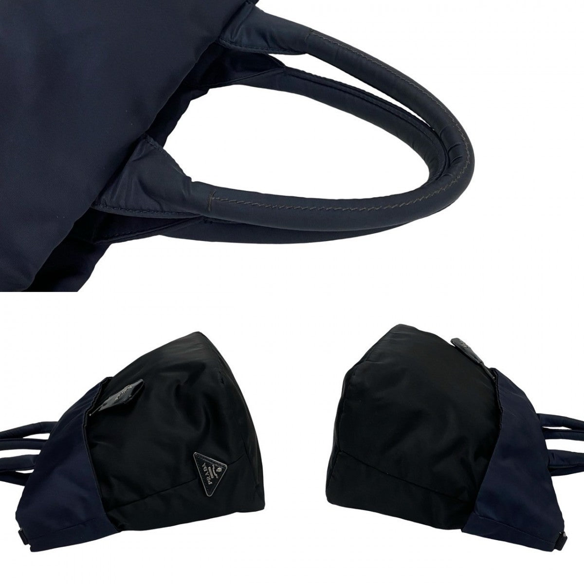 PRADA Shoulder Bag Nylon Navy Triangle Logo Metal Reversible Women Used Authentic