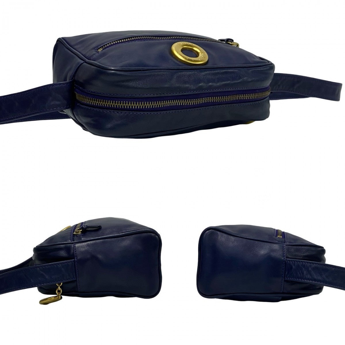 CELINE Shoulder Bag leather Navy Circle logo Metal Women Used Authentic