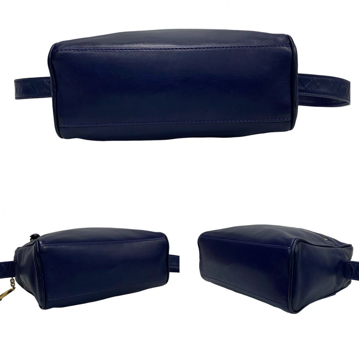 CELINE Shoulder Bag leather Navy Circle logo Metal Women Used Authentic